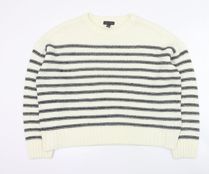 New Look Womens Ivory Round Neck Striped Acrylic Pullover Jumper Size L   - Cropped