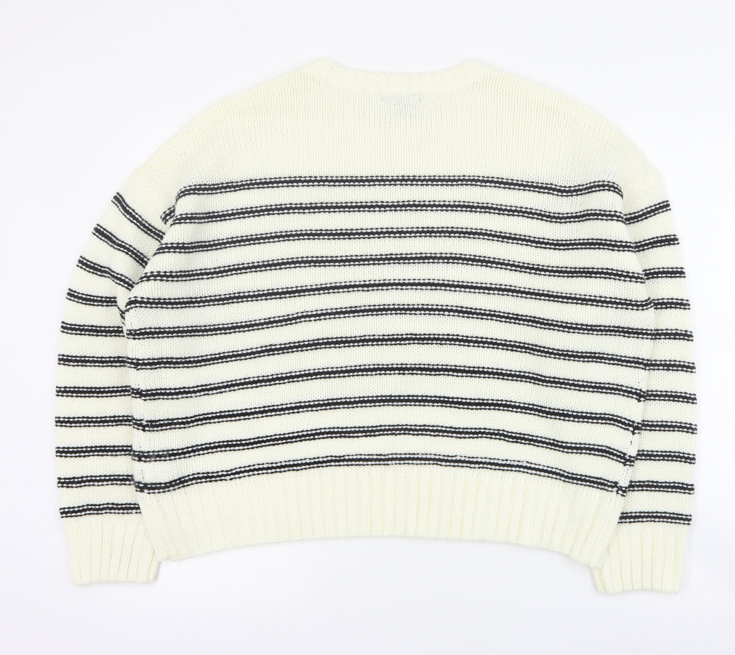New Look Womens Ivory Round Neck Striped Acrylic Pullover Jumper Size L   - Cropped