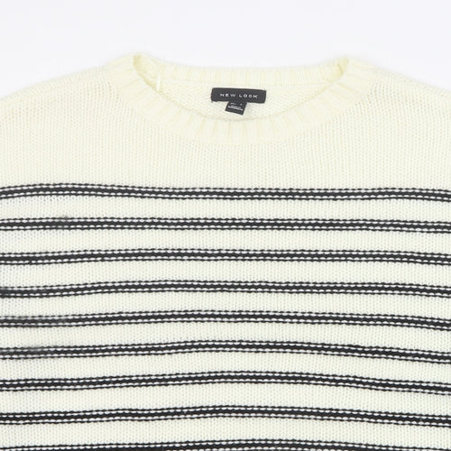 New Look Womens Ivory Round Neck Striped Acrylic Pullover Jumper Size L   - Cropped