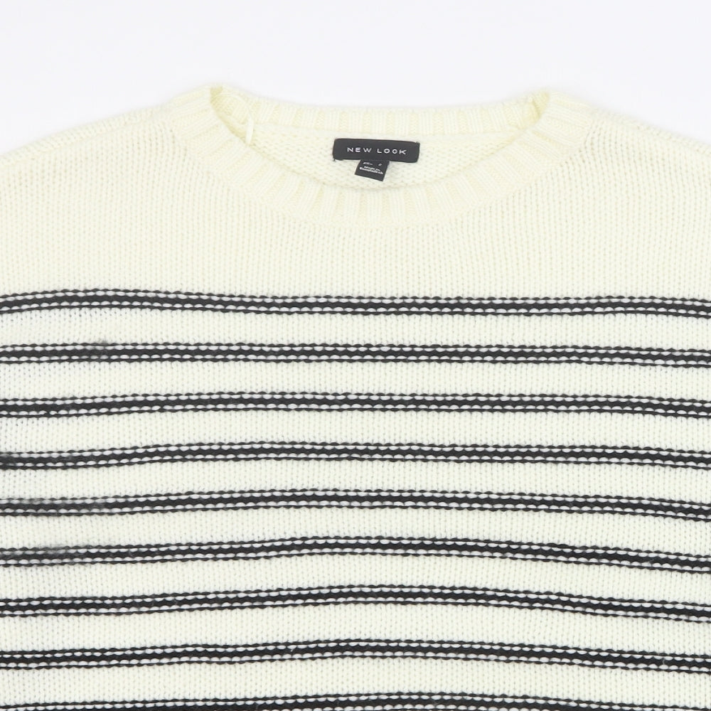 New Look Womens Ivory Round Neck Striped Acrylic Pullover Jumper Size L   - Cropped