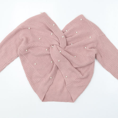 Preworn Womens Pink V-Neck  Wool Pullover Jumper One Size   - Knot back