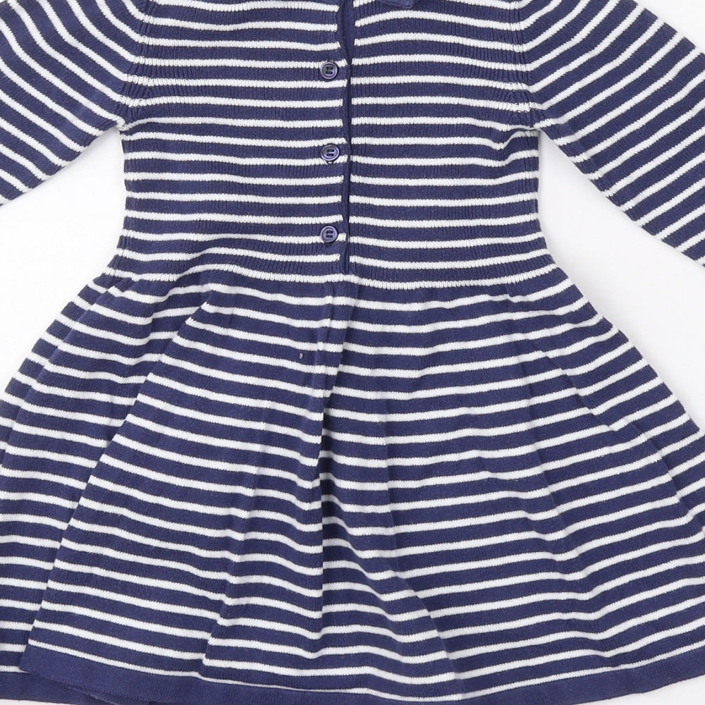 Preworn Girls Blue Striped Cotton Skater Dress  Size 18-24 Months  Collared