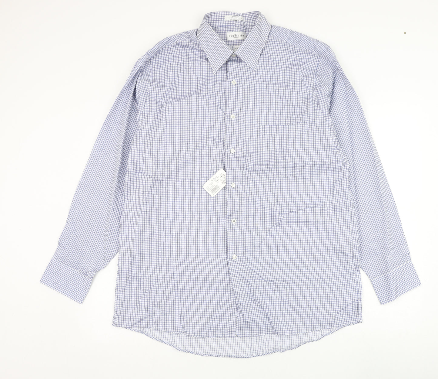Van Heusen Mens Blue Check Cotton  Dress Shirt Size 16.5 Collared Button
