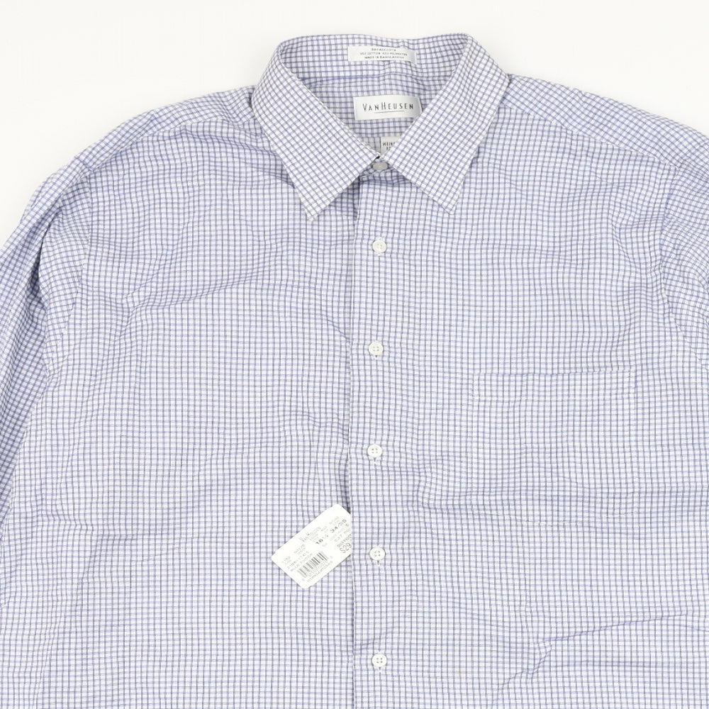 Van Heusen Mens Blue Check Cotton  Dress Shirt Size 16.5 Collared Button