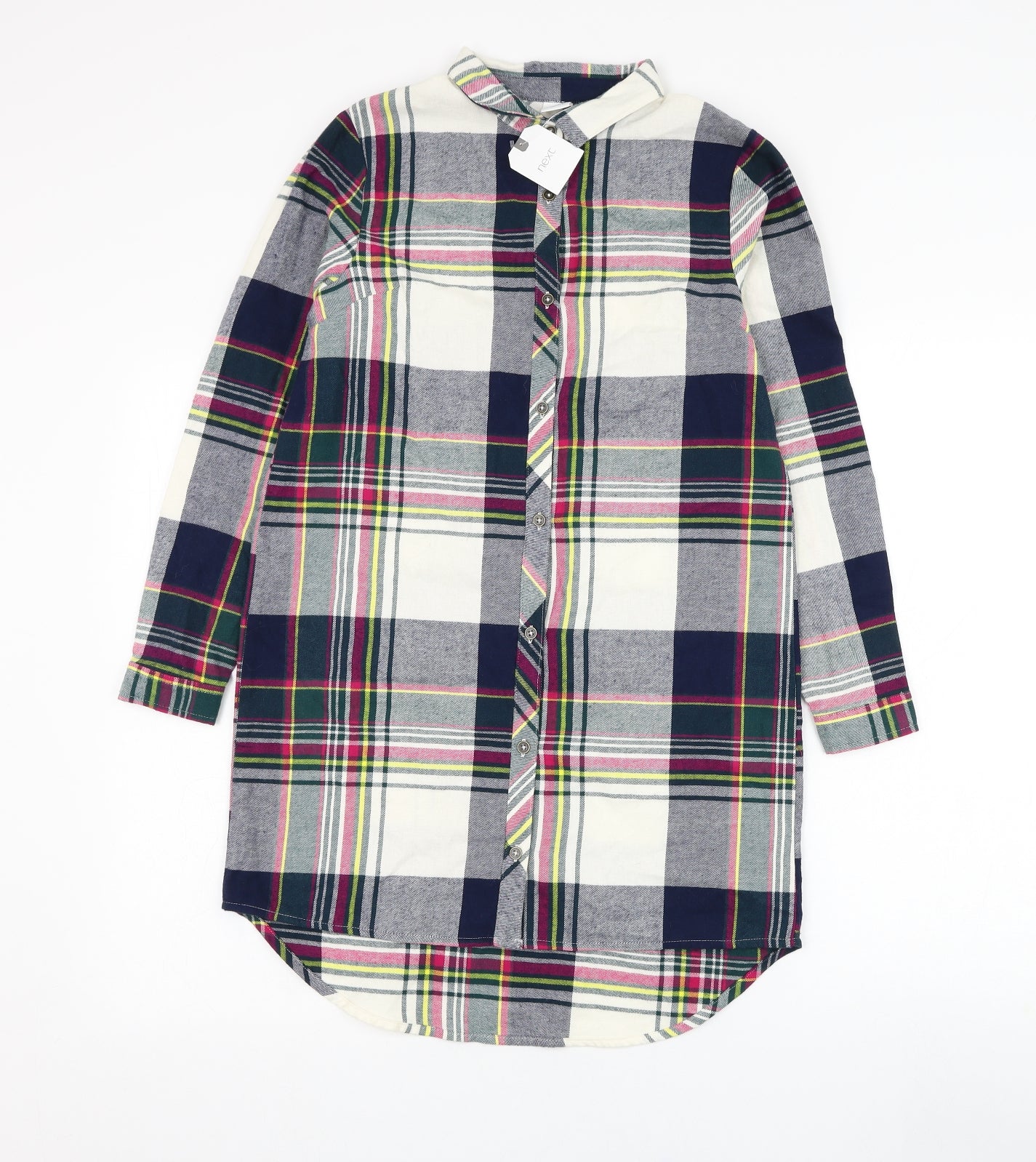 NEXT Girls White Check Cotton Shirt Dress  Size 12 Years  Collared Button