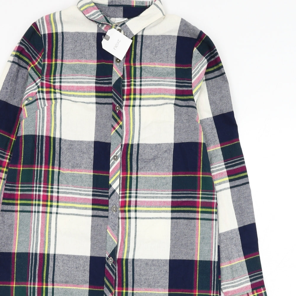 NEXT Girls White Check Cotton Shirt Dress  Size 12 Years  Collared Button
