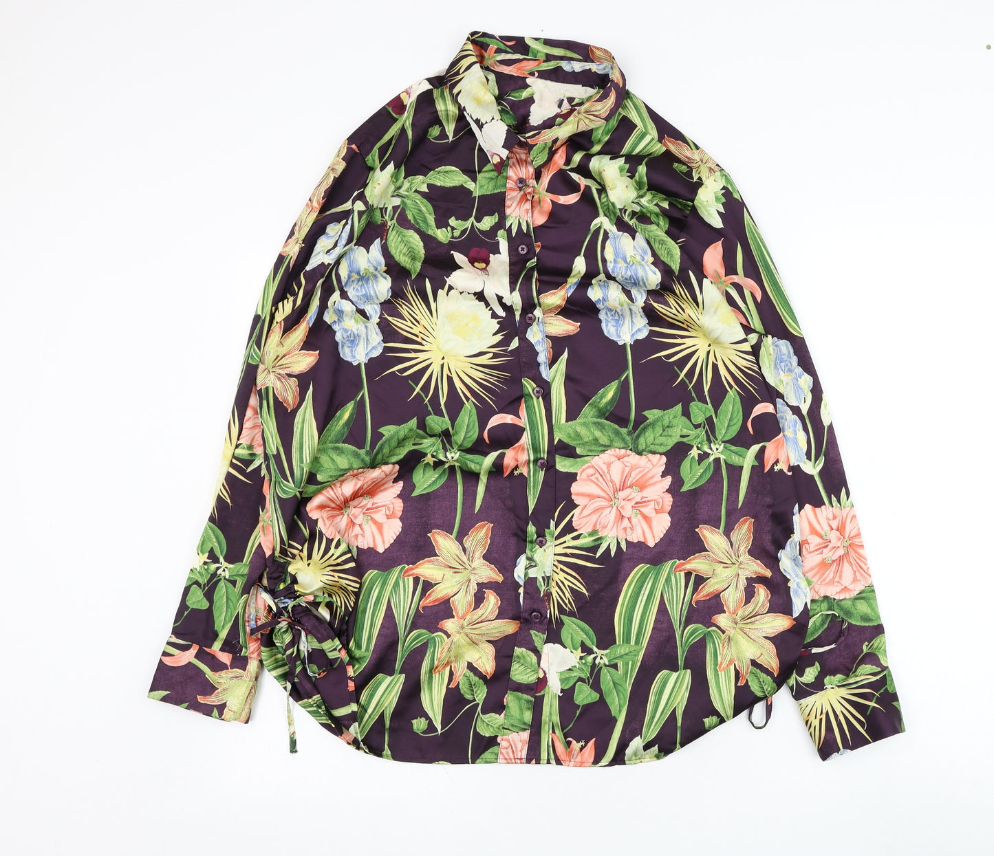 Preworn Womens Purple Floral Polyester Basic Button-Up Size L Collared