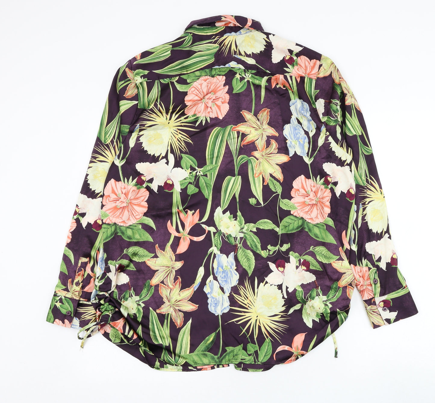 Preworn Womens Purple Floral Polyester Basic Button-Up Size L Collared