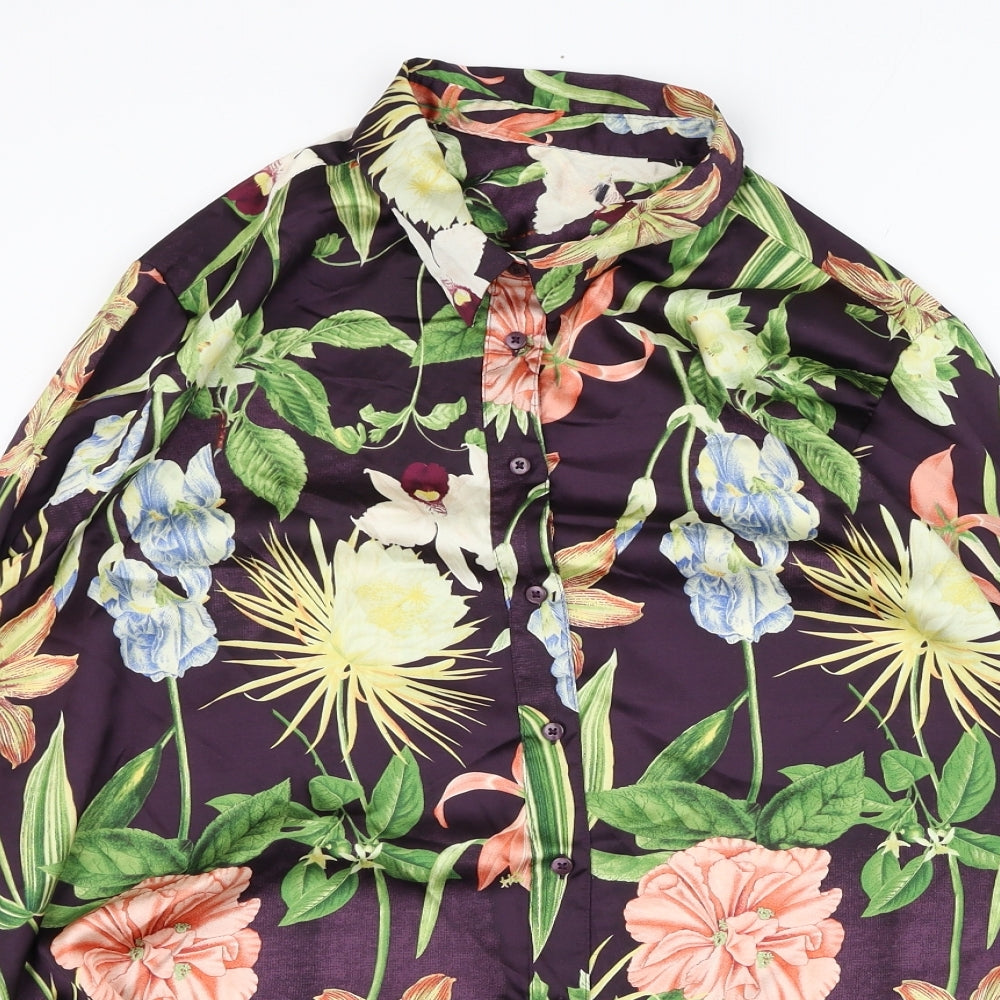 Preworn Womens Purple Floral Polyester Basic Button-Up Size L Collared