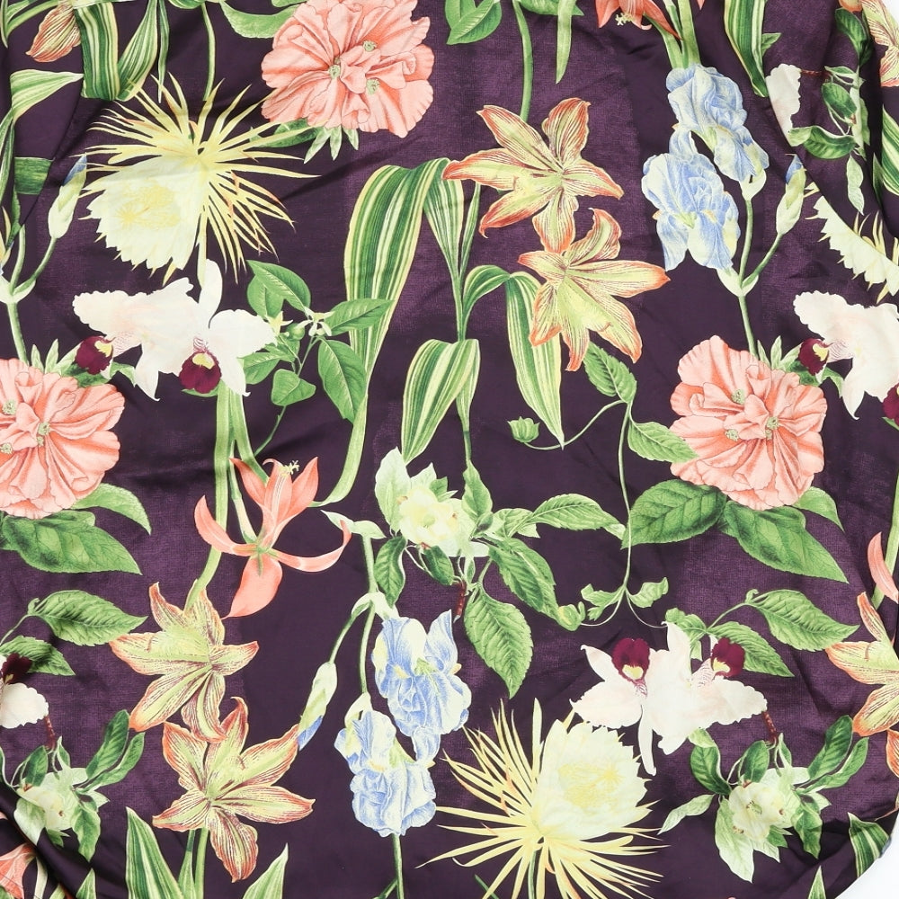 Preworn Womens Purple Floral Polyester Basic Button-Up Size L Collared