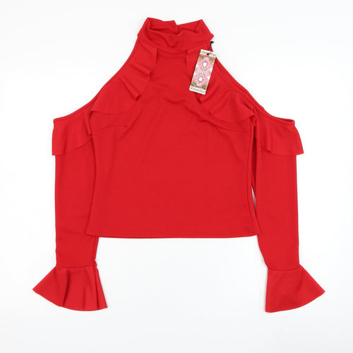 Boohoo Womens Red  Polyester Basic Blouse Size 12 Mock Neck