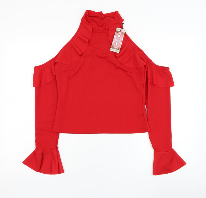 Boohoo Womens Red Polyester Basic Blouse Size 12 Mock Neck