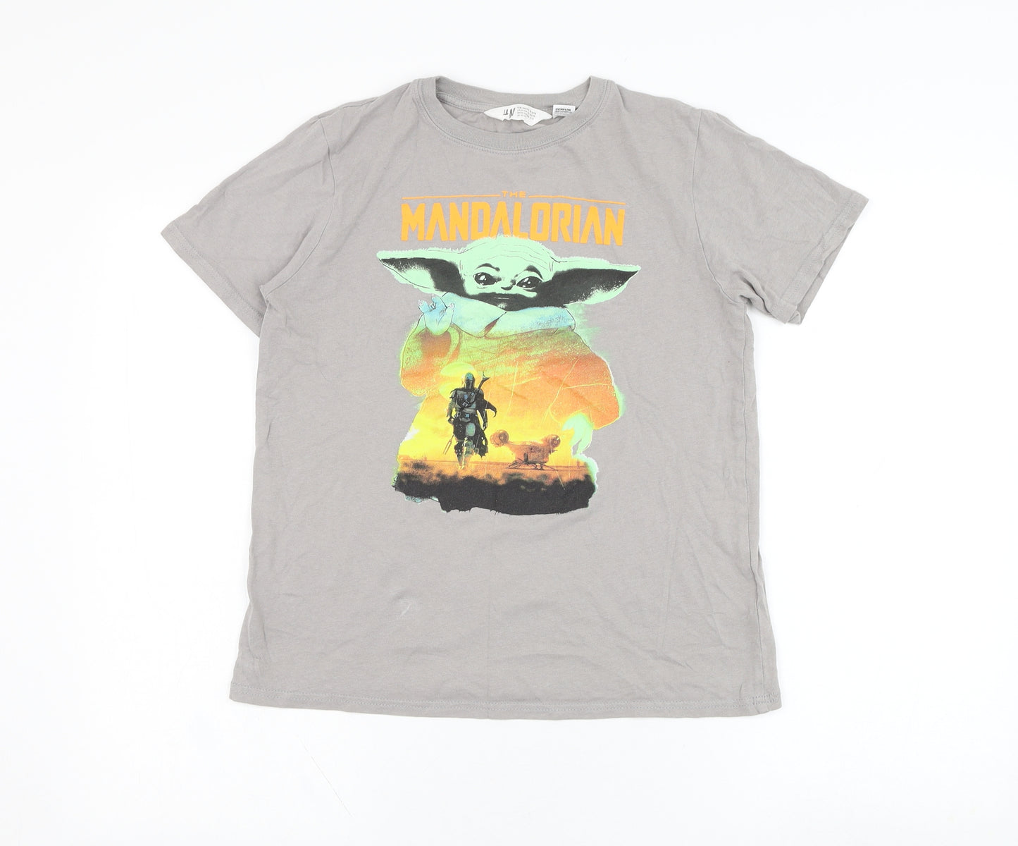 H&M Boys Grey  Cotton Basic T-Shirt Size 10-11 Years Round Neck Pullover - The Mandalorian