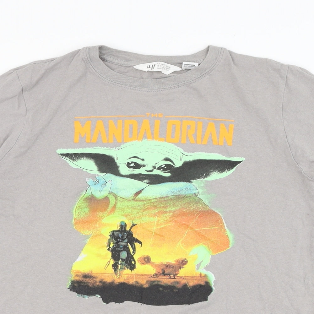 H&M Boys Grey  Cotton Basic T-Shirt Size 10-11 Years Round Neck Pullover - The Mandalorian