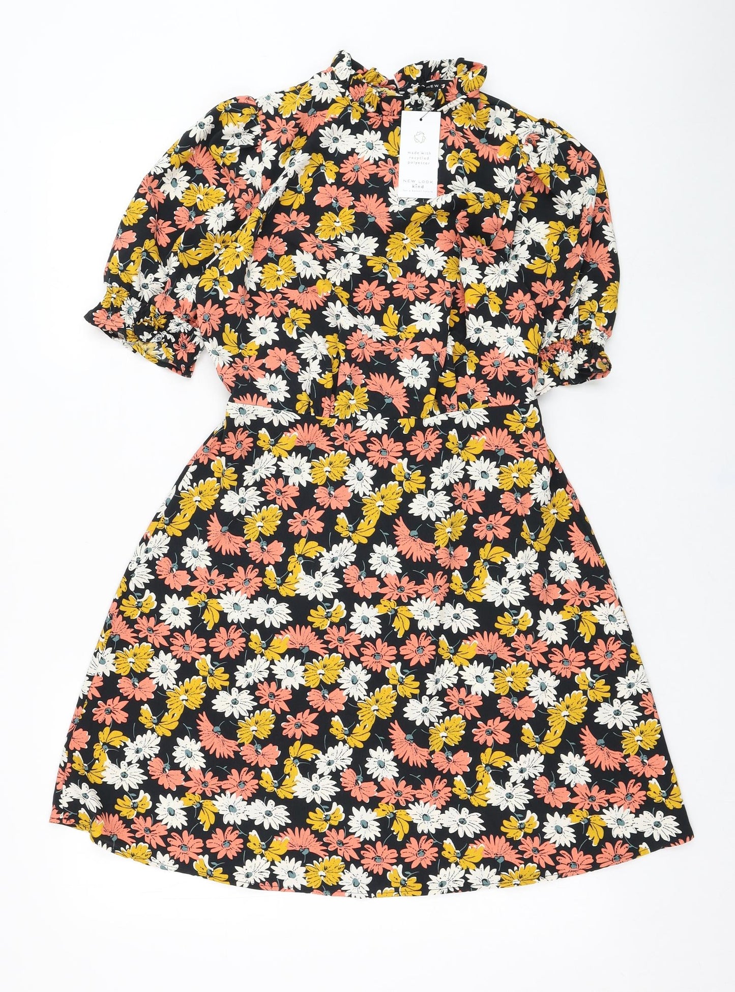 New Look Womens Black Floral Polyester Skater Dress  Size 8  Mock Neck Pullover