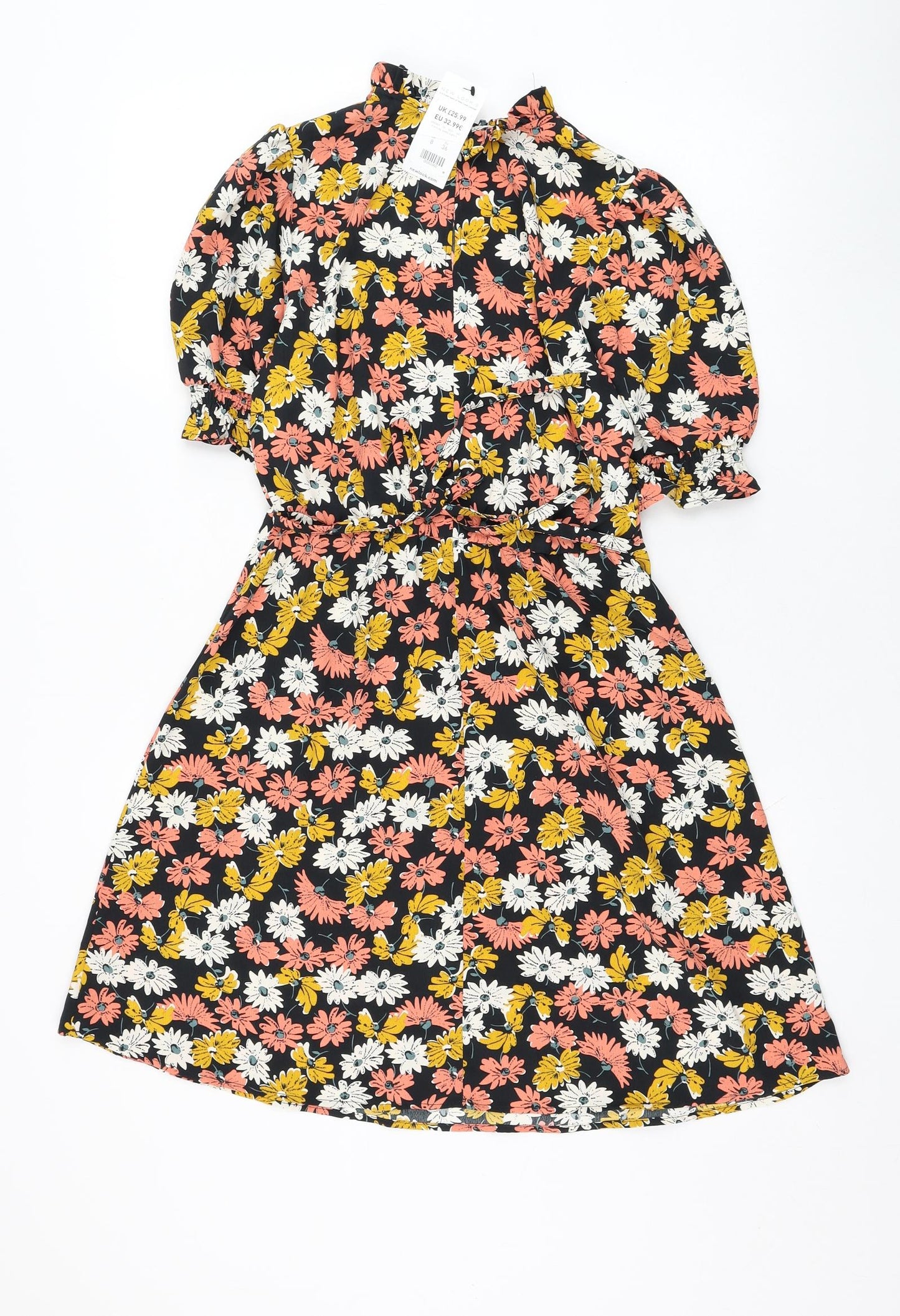 New Look Womens Black Floral Polyester Skater Dress  Size 8  Mock Neck Pullover