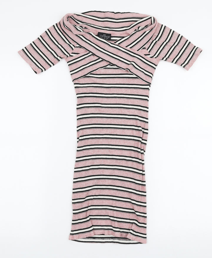 Topshop Womens Multicoloured Striped Viscose Bodycon  Size 8  Off the Shoulder Pullover