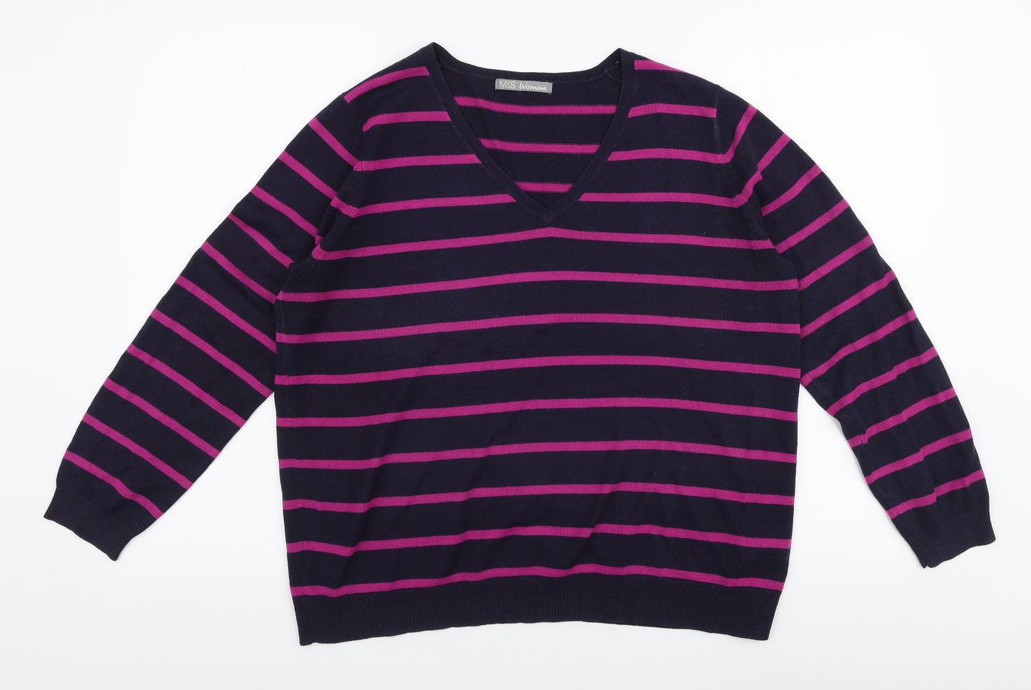 Marks and Spencer Womens Pink V-Neck Striped Acrylic Pullover Jumper Size 16