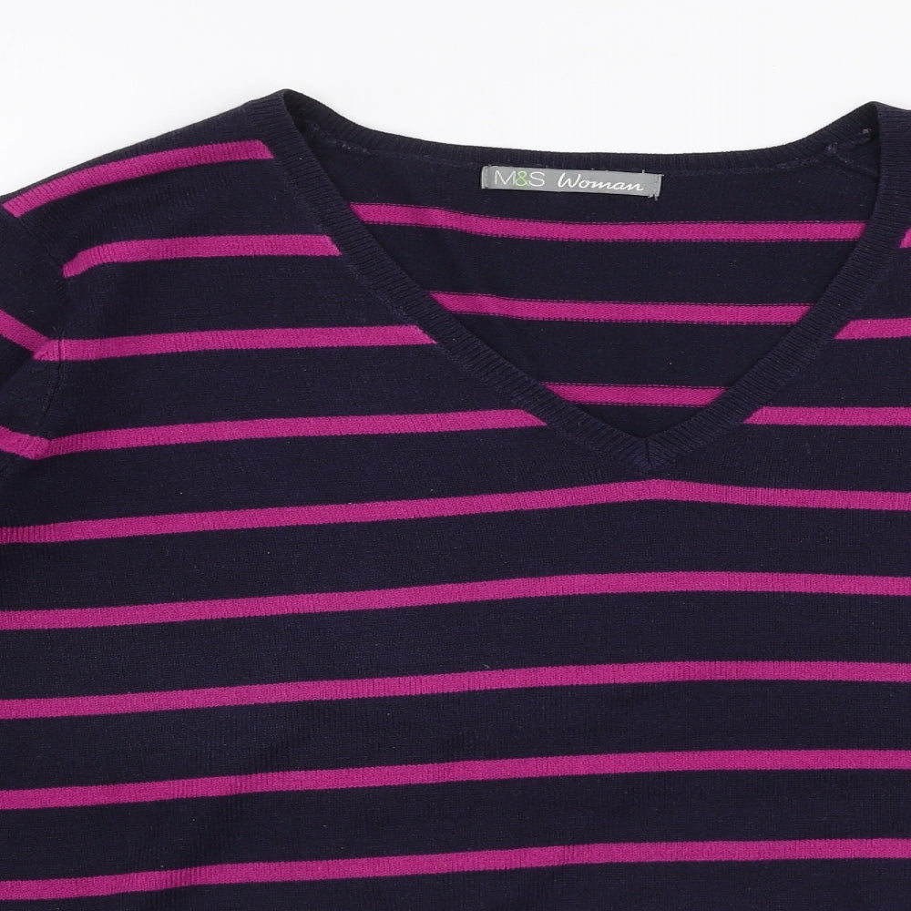 Marks and Spencer Womens Pink V-Neck Striped Acrylic Pullover Jumper Size 16
