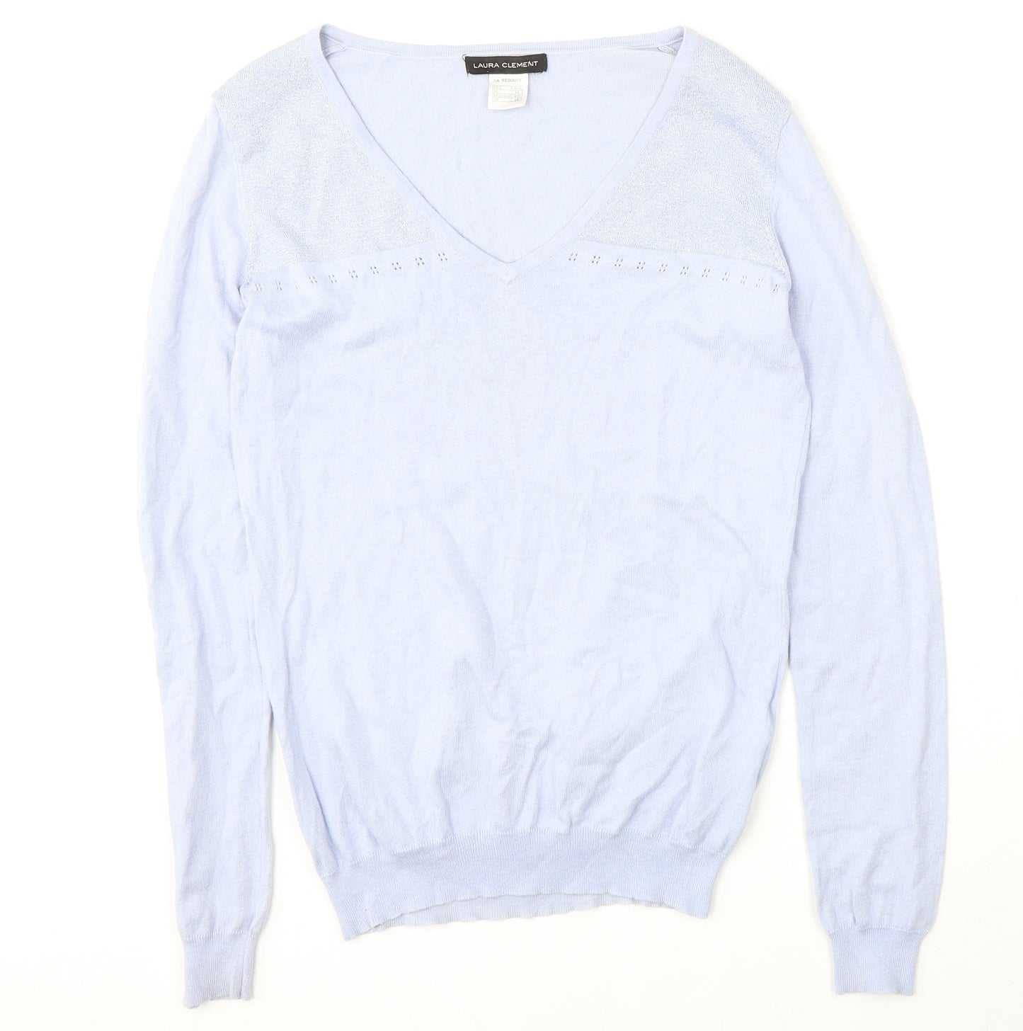 Laura Clément Womens Blue V-Neck  Silk Pullover Jumper Size 6