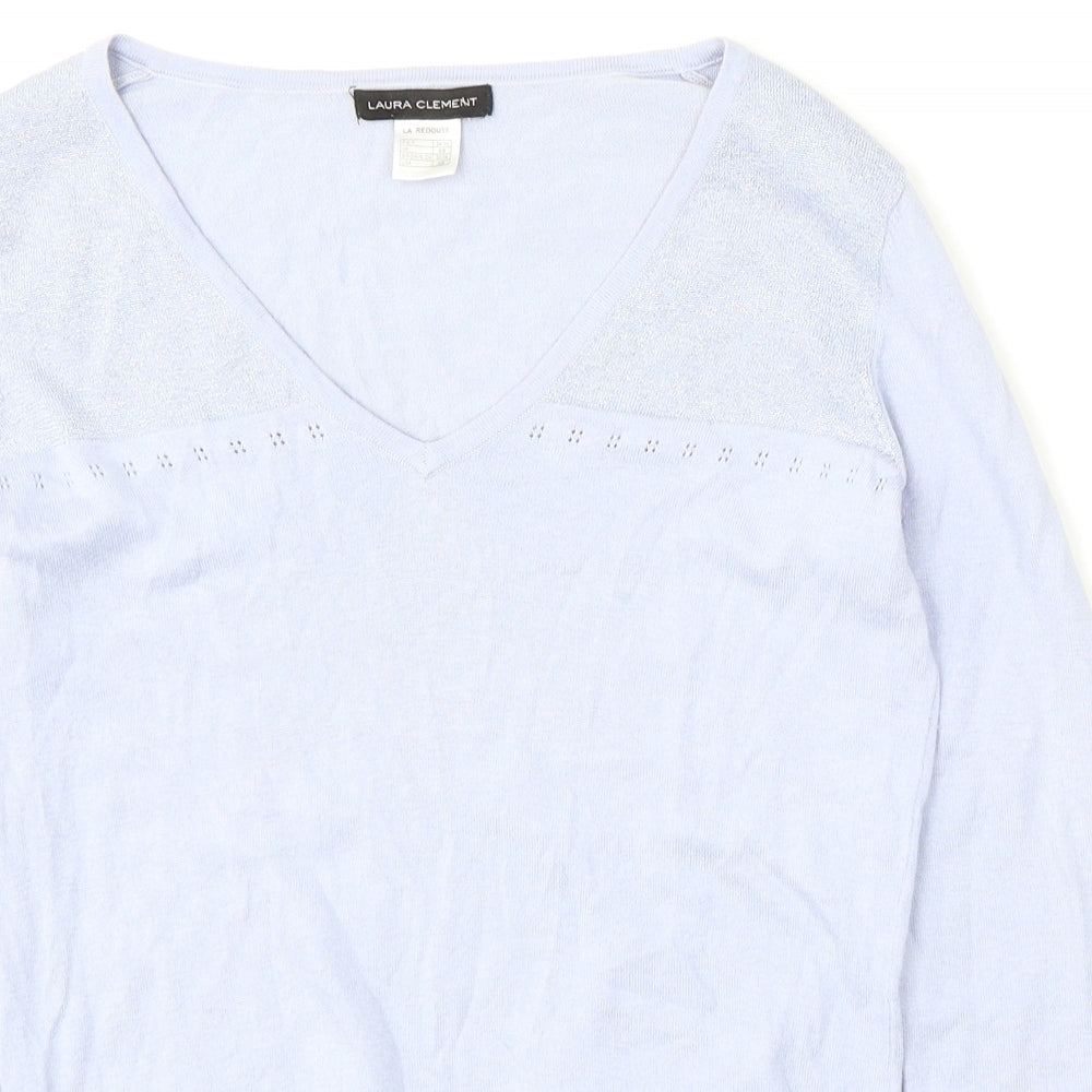 Laura Clément Womens Blue V-Neck  Silk Pullover Jumper Size 6