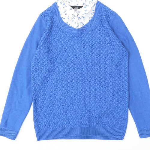 Isle Essentials Womens Blue Collared  Acrylic Pullover Jumper Size 10   - Built in shirt