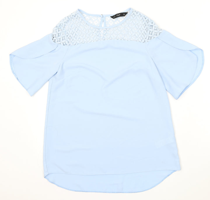 F&F Womens Blue Cotton Basic Blouse Size 6 Round Neck