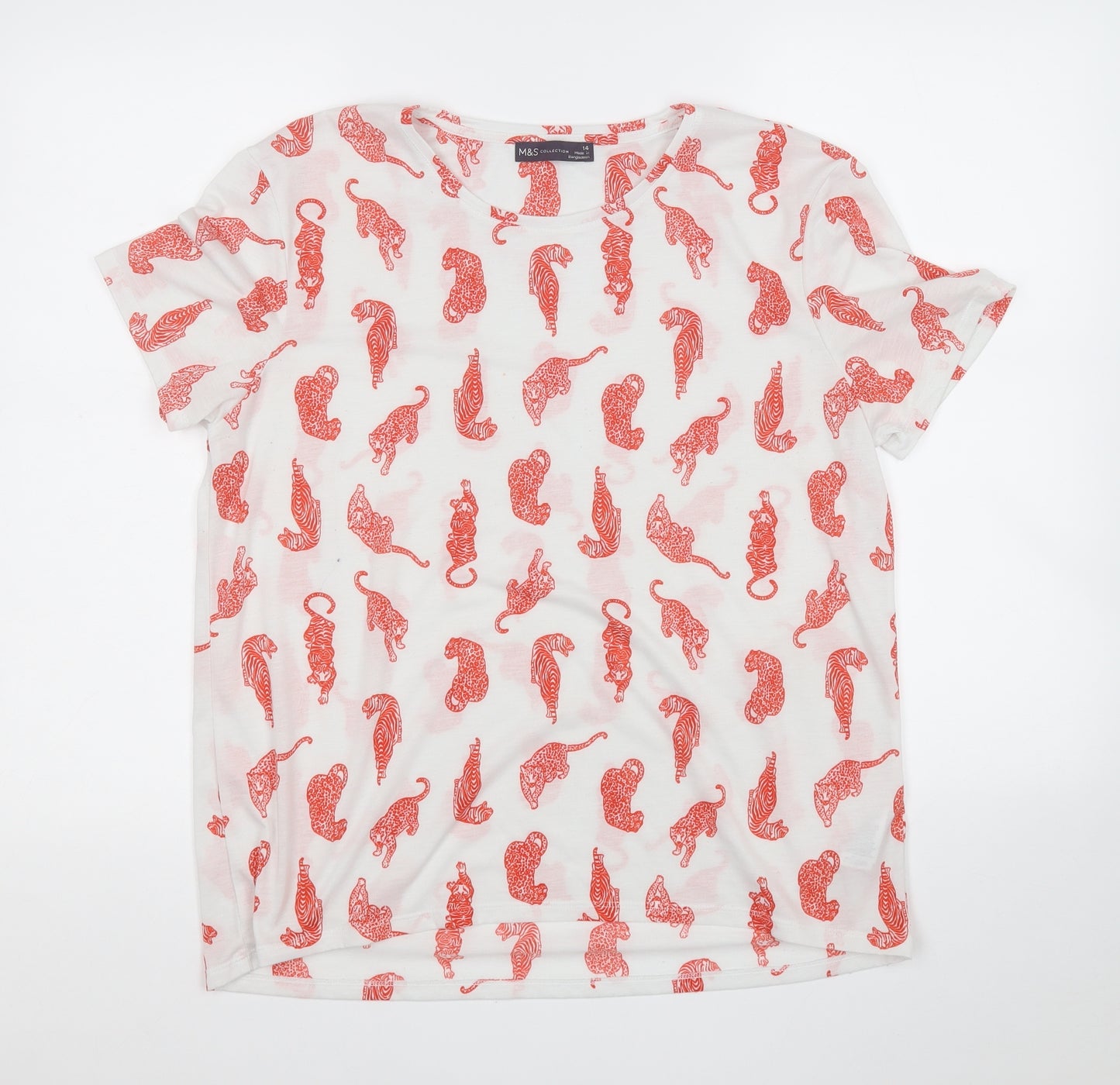 Marks and Spencer Womens White Geometric Polyester Basic T-Shirt Size 14 Round Neck - Cheetah