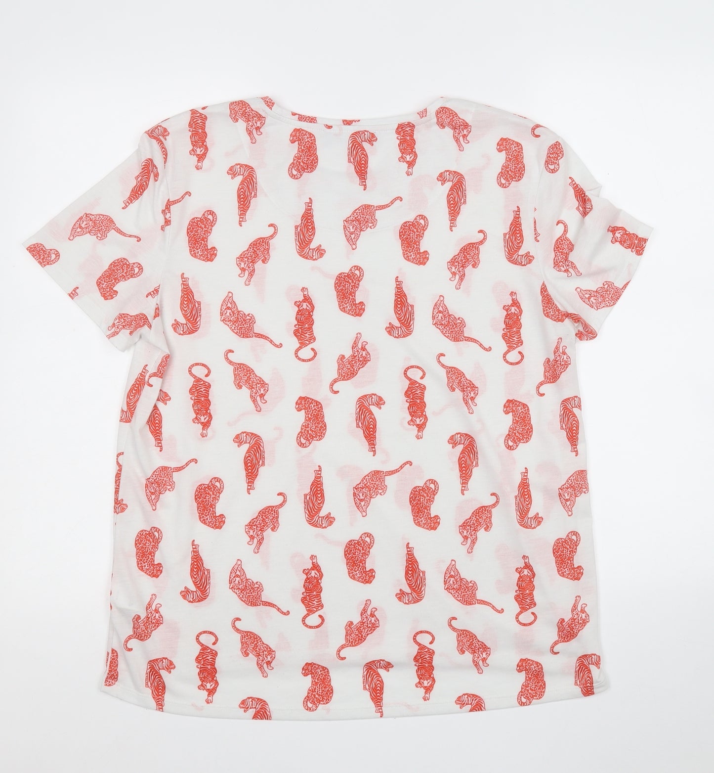 Marks and Spencer Womens White Geometric Polyester Basic T-Shirt Size 14 Round Neck - Cheetah