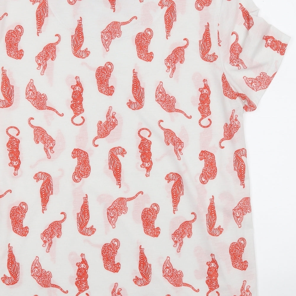 Marks and Spencer Womens White Geometric Polyester Basic T-Shirt Size 14 Round Neck - Cheetah