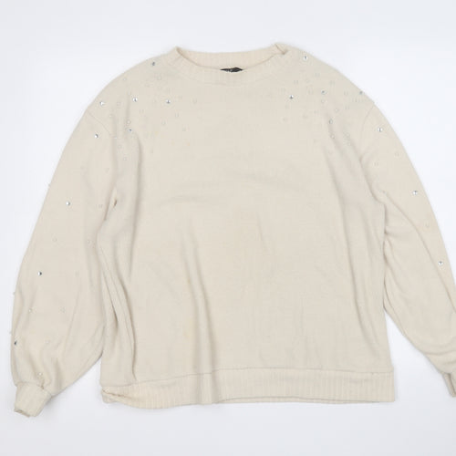 F&F Womens Beige Round Neck  Polyester Pullover Jumper Size 14