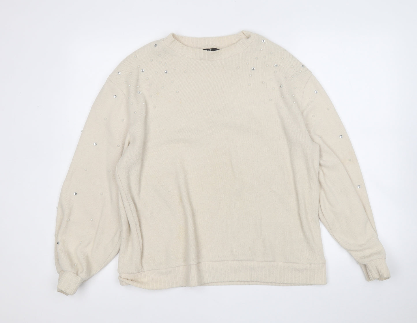 F&F Womens Beige Round Neck  Polyester Pullover Jumper Size 14