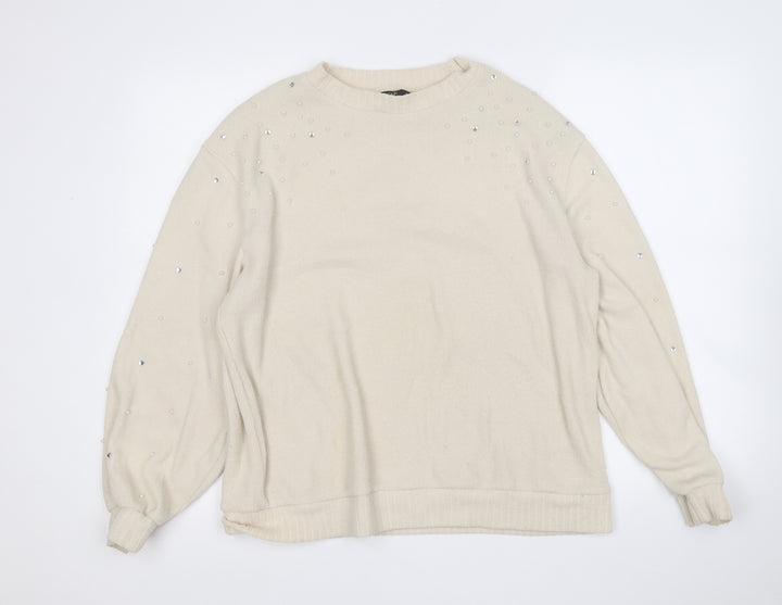 F&F Womens Beige Round Neck  Polyester Pullover Jumper Size 14