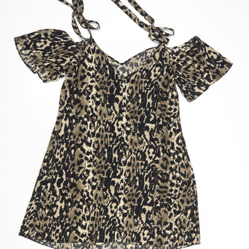 George Womens Brown Animal Print Polyester Fit & Flare  Size 10  V-Neck Tie