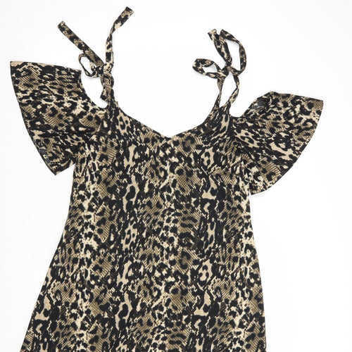 George Womens Brown Animal Print Polyester Fit & Flare  Size 10  V-Neck Tie