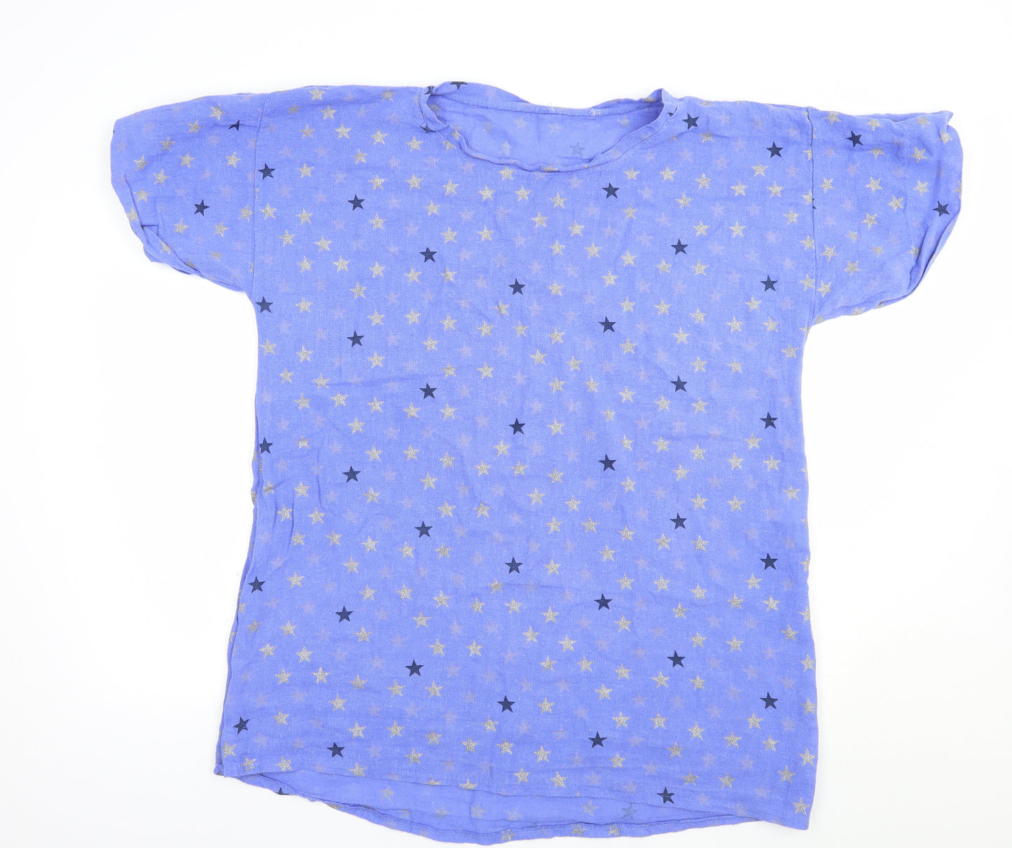 Made in Italy Womens Blue Geometric Linen Basic Blouse Size L Round Neck - Star Print
