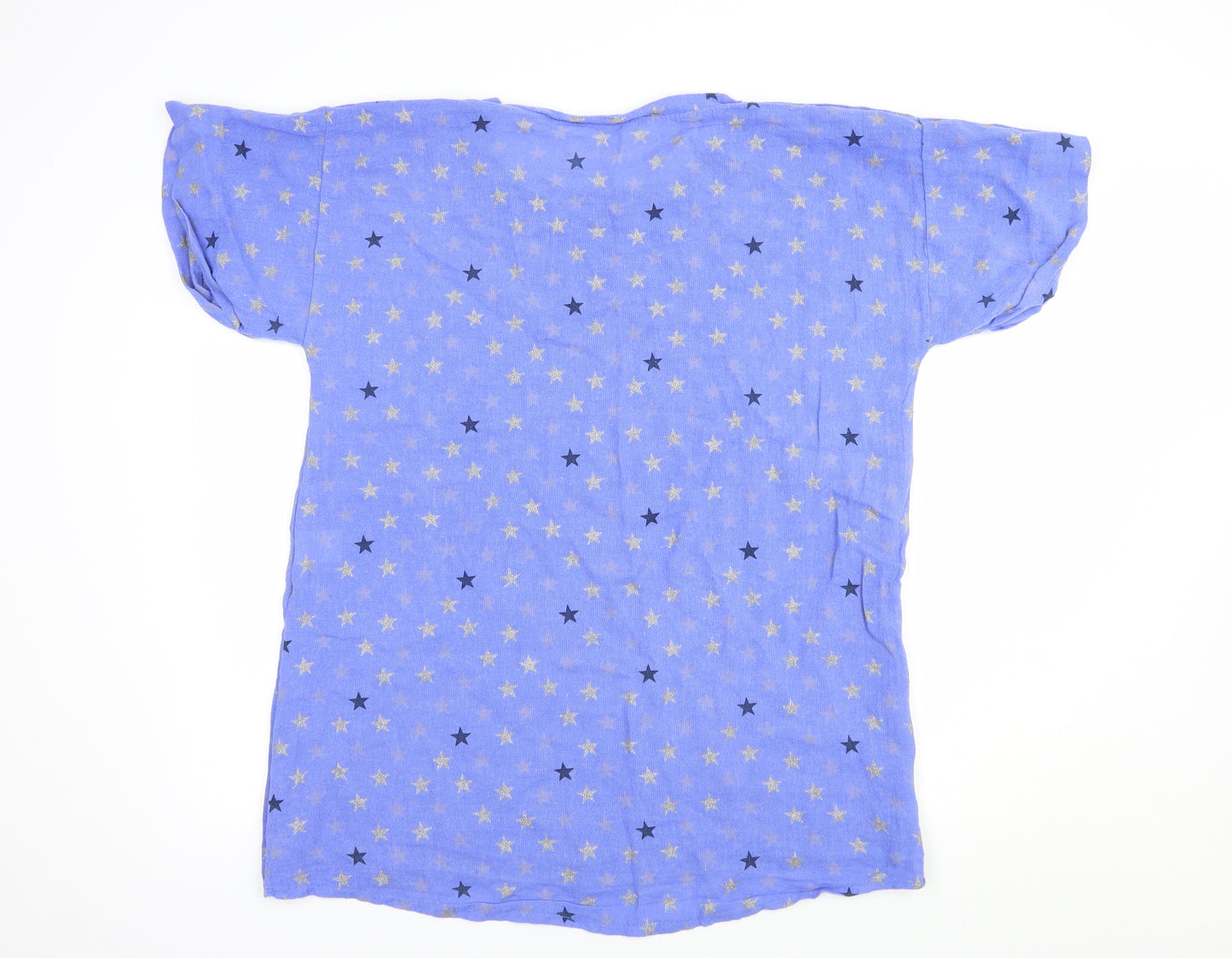 Made in Italy Womens Blue Geometric Linen Basic Blouse Size L Round Neck - Star Print