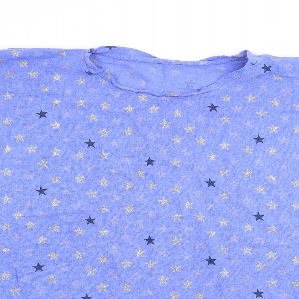 Made in Italy Womens Blue Geometric Linen Basic Blouse Size L Round Neck - Star Print