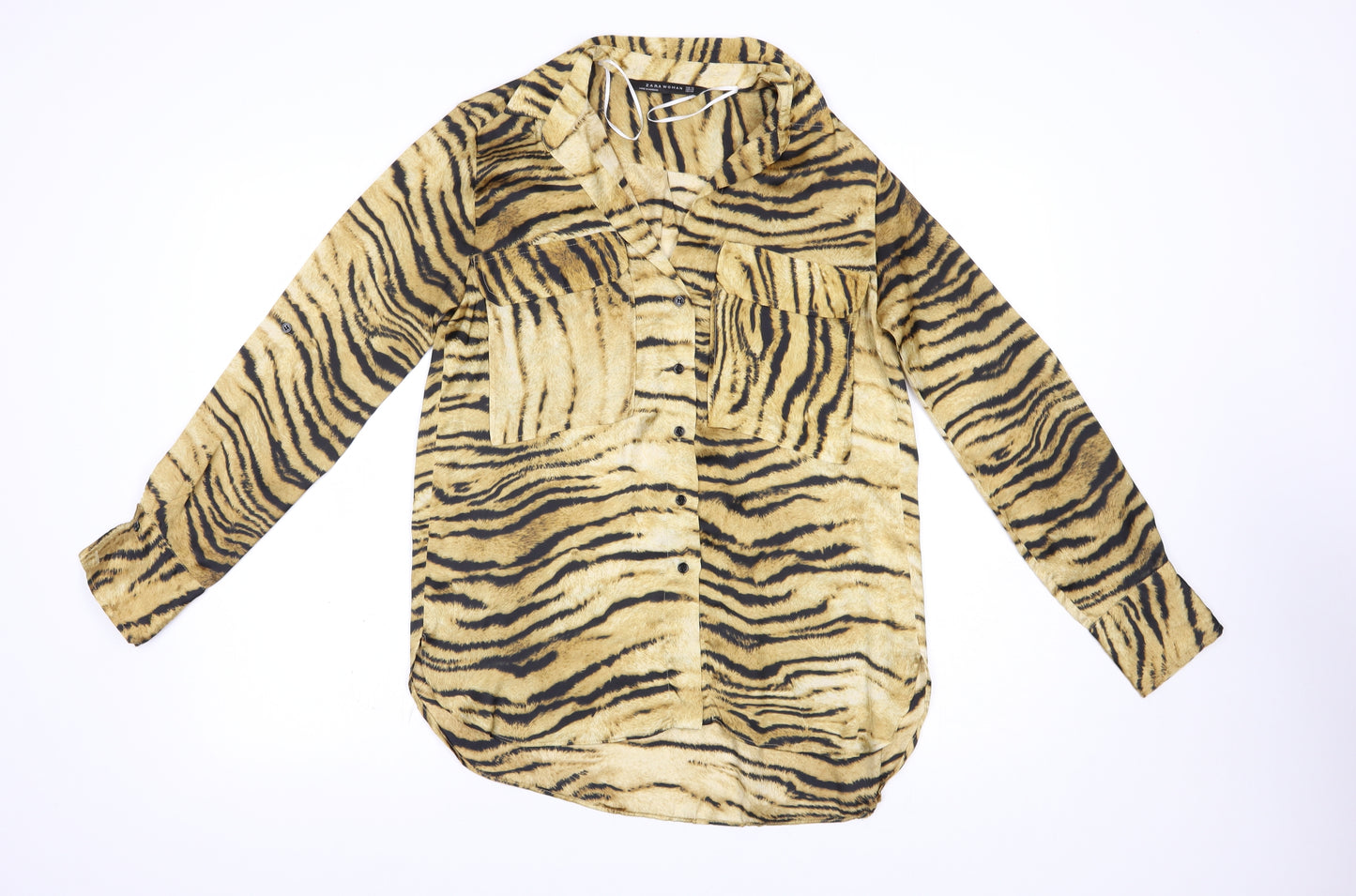 Zara Womens Brown Animal Print Polyester Basic Button-Up Size XS Collared
