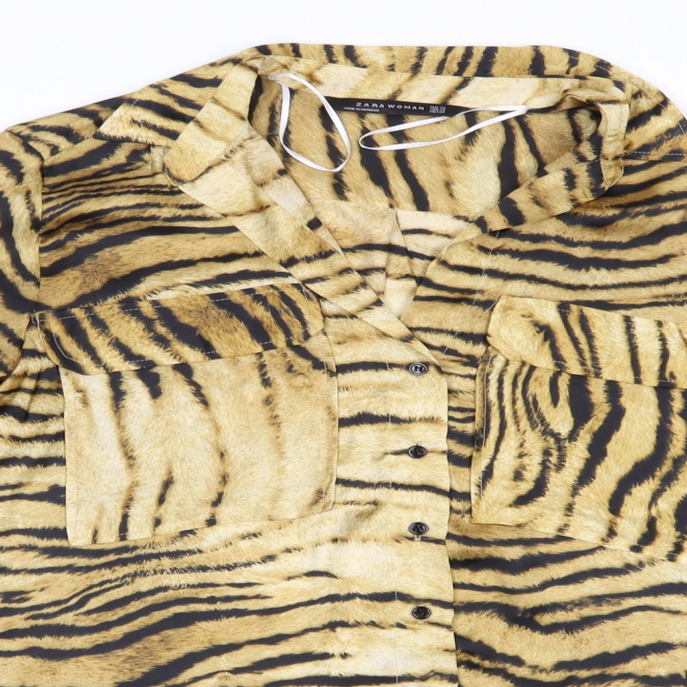 Zara Womens Brown Animal Print Polyester Basic Button-Up Size XS Collared