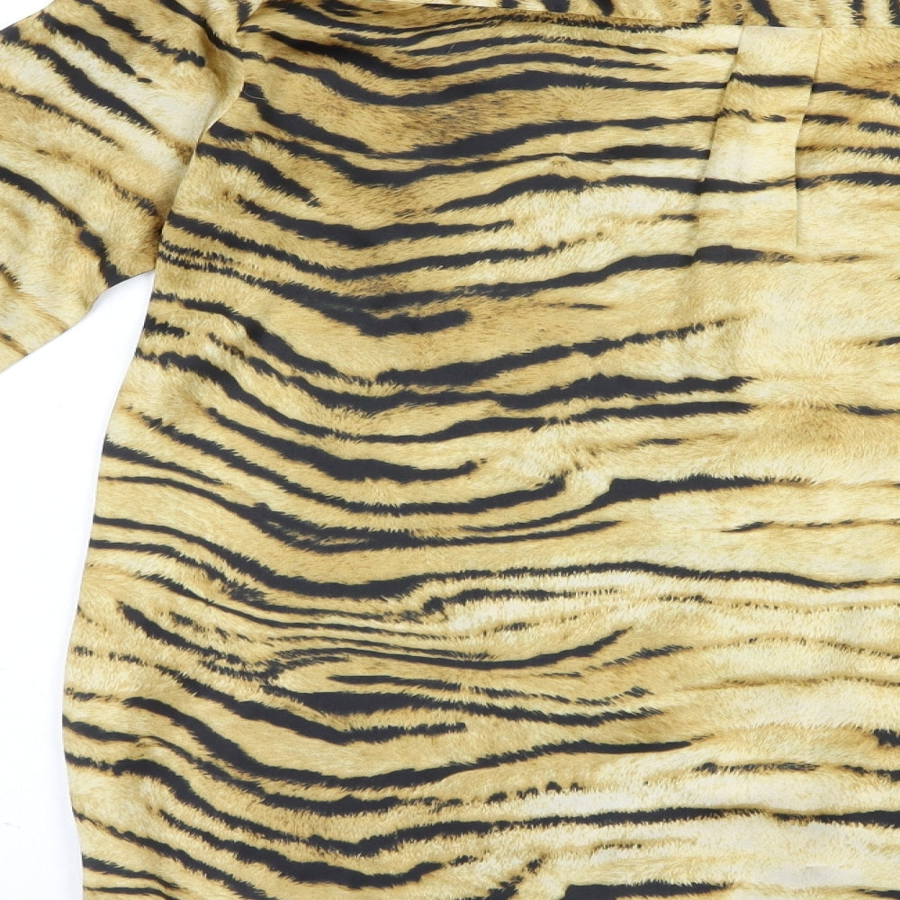 Zara Womens Brown Animal Print Polyester Basic Button-Up Size XS Collared