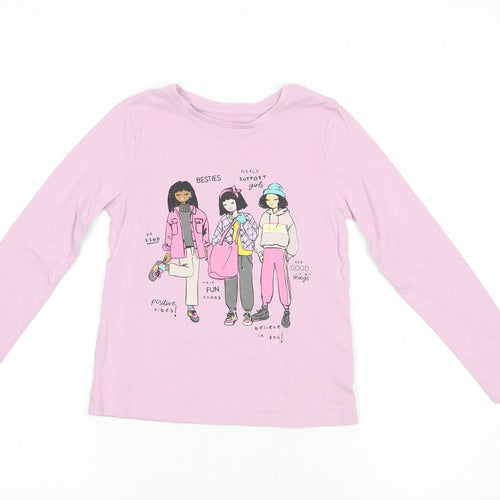 Dunnes Stores Girls Pink  Cotton Pullover T-Shirt Size 6-7 Years Crew Neck Pullover - Girl Squad