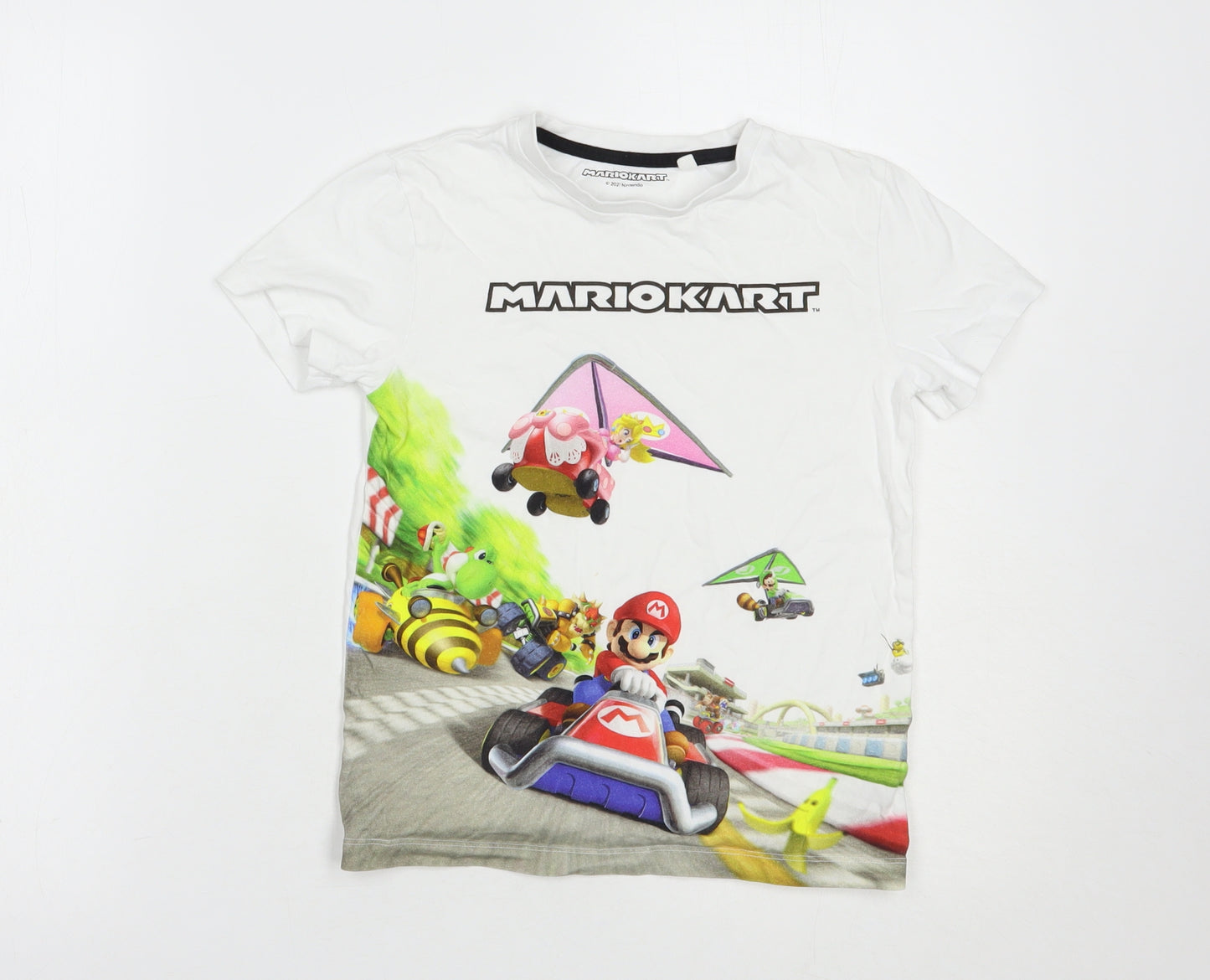 NEXT Girls White  Cotton Pullover T-Shirt Size 7 Years Crew Neck Pullover - MarioKart