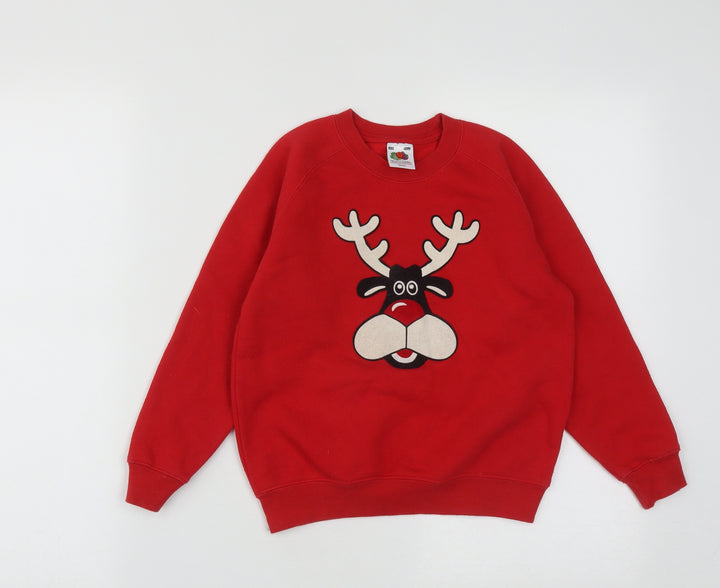 Fruit of the Loom Girls Red Cotton Pullover Sweatshirt Size 5-6 Years - Christmas Rudolph