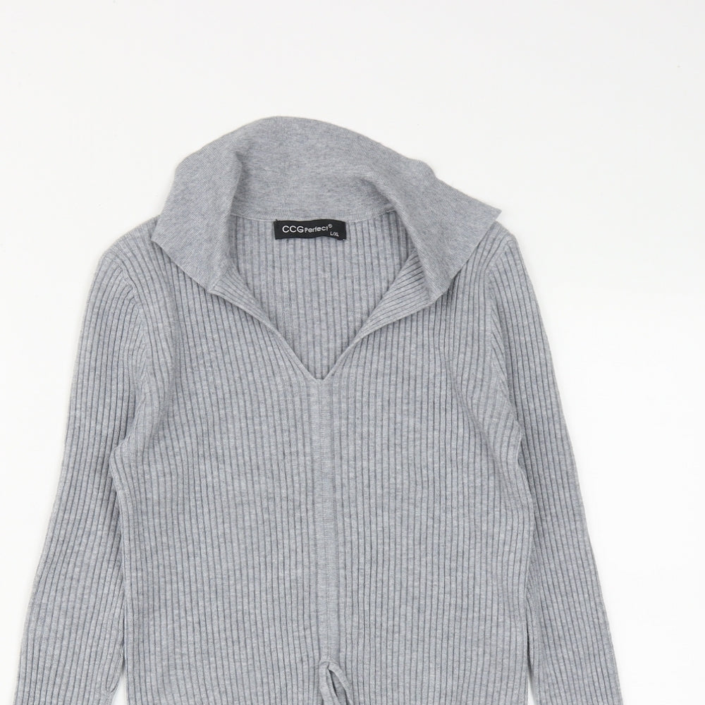 CCG Perfect Womens Grey Collared  Viscose Pullover Jumper Size L