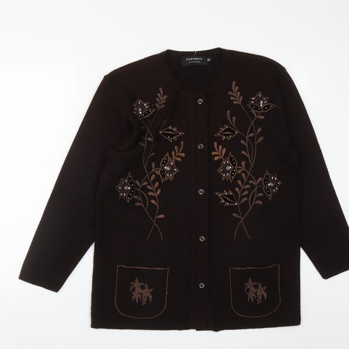 Paramour Womens Brown Round Neck Floral Acrylic Cardigan Jumper Size M