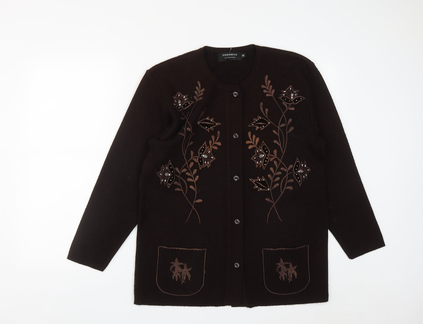 Paramour Womens Brown Round Neck Floral Acrylic Cardigan Jumper Size M