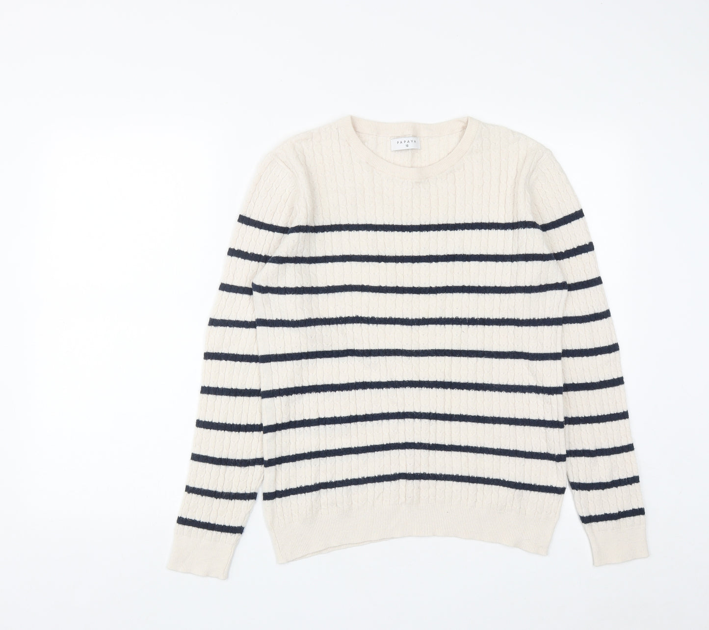 Papaya Womens White Round Neck Striped Viscose Pullover Jumper Size 16