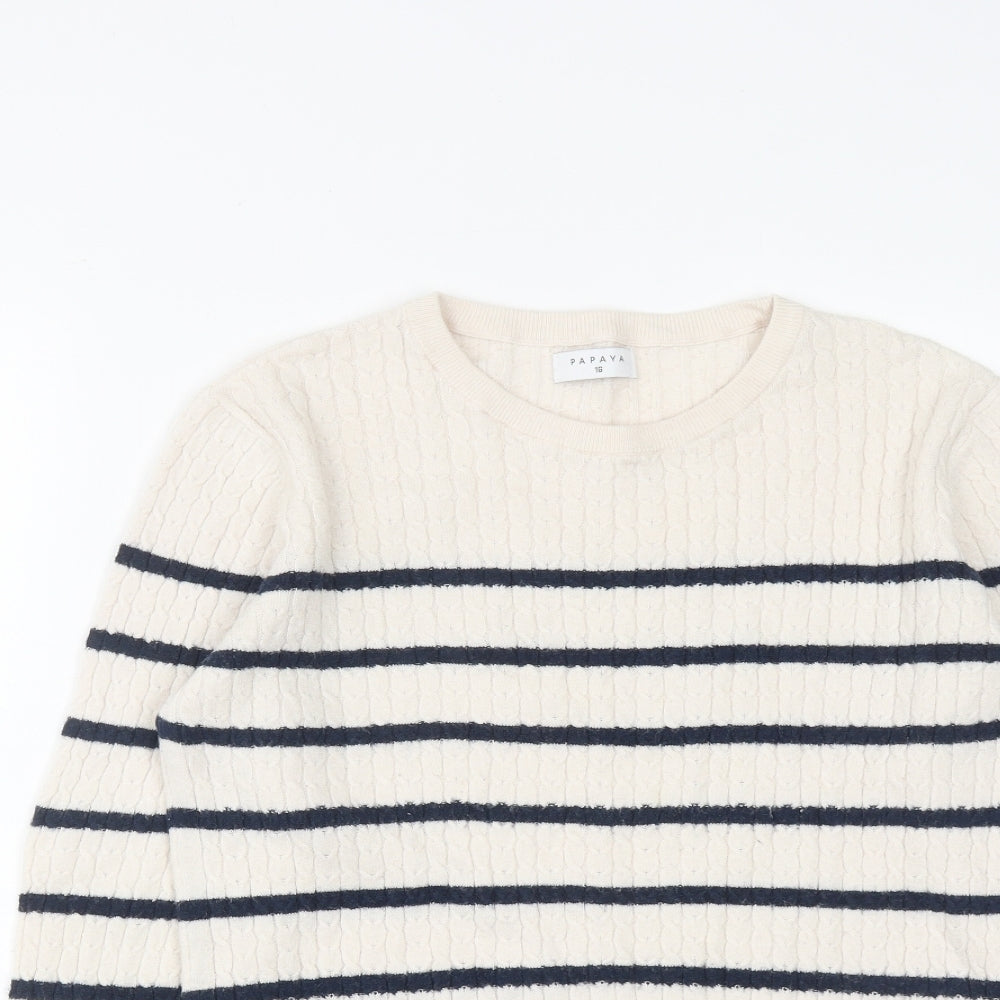 Papaya Womens White Round Neck Striped Viscose Pullover Jumper Size 16