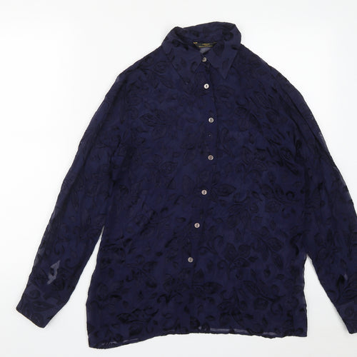 Marks and Spencer Womens Blue Geometric Silk Basic Blouse Size 10 Collared
